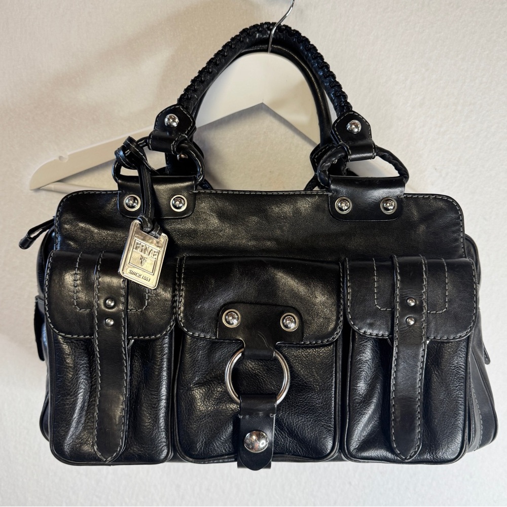 Vintage Frye Black Leather Satchel Handbag with Silver Accents